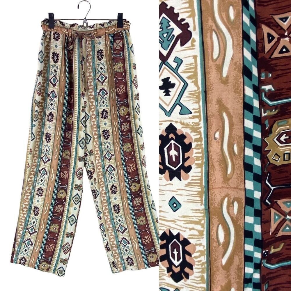Vintage 100% Silk Pants Southwest Western Aztec Geometric Womens Size M
